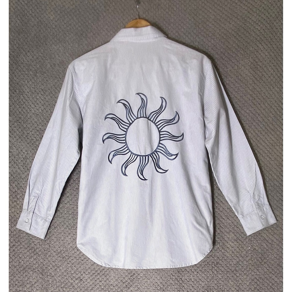 Boho Striped Button Down Shirt Embroidered Medium Celestial‎ Minimalist Preppy